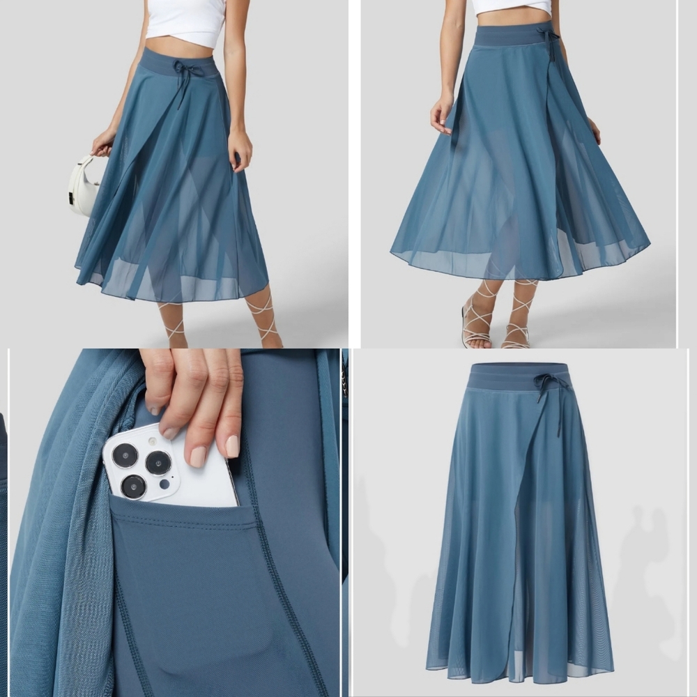 ￼High Waisted Drawstring Mesh 2-in-1 Side Pocket Flowy Midi Flare Casual Skirt